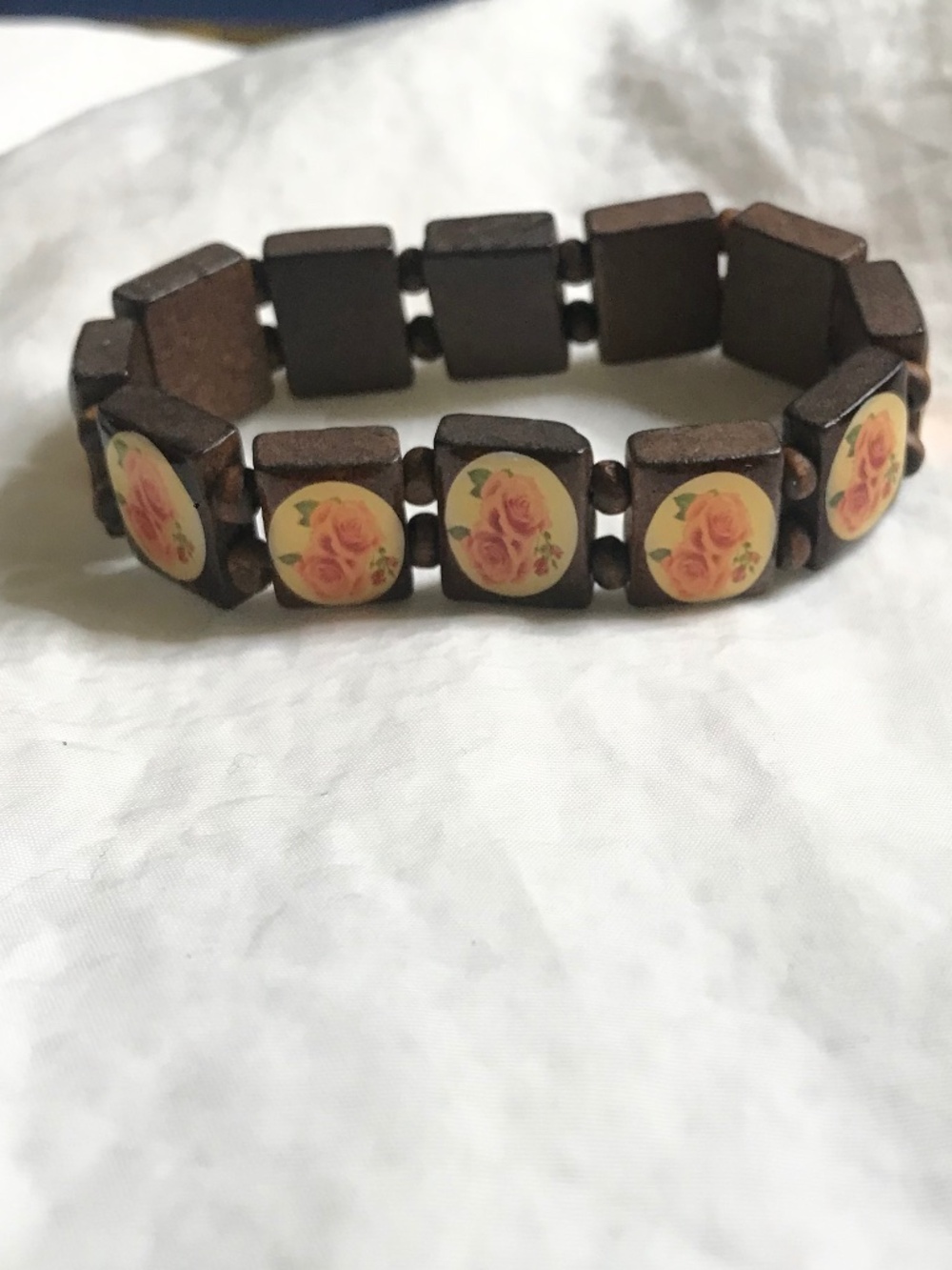 Vintage Floral Wood Stretch Bracelet Cottagecore Rose Boho Jewelry